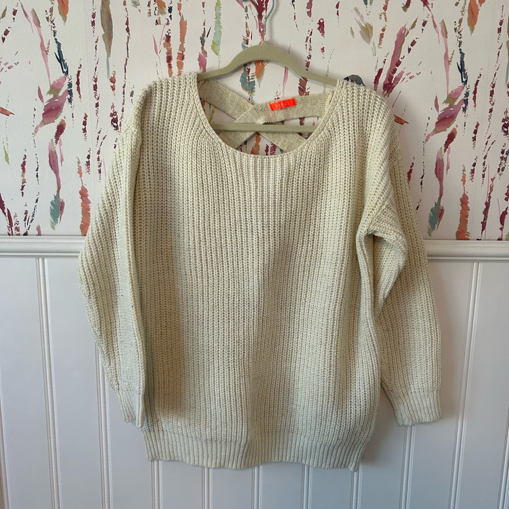 Cream Sweater with Gold Threading and Criss-Cross Back